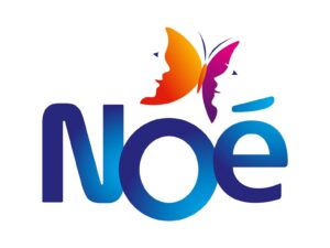 Noe logo featuring two faces and a butterfly.