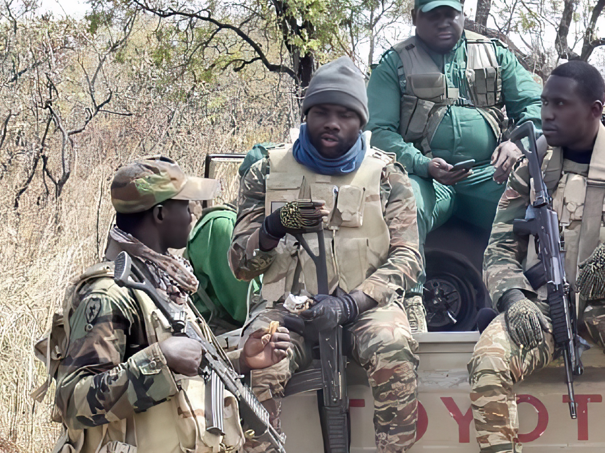Soldiers on the back of a Toyoya bakkie.